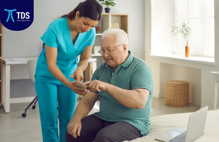 a nurse is helping a paitent to mange records on Health Works app