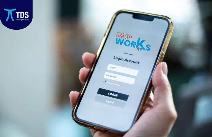 Health Works hospital management system login screen displayed on a smartphone for mobile access