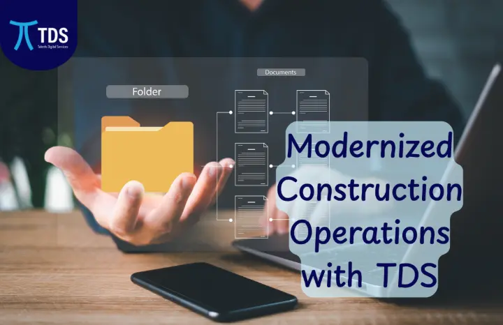 Business professional accessing digital folders and documents on a virtual screen, representing modernized construction operations with TDS ERP solutions.